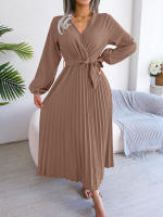 Vestido Largo Elegante Para Mujer Con Cuello En V Manga Larga Pleated Maxi Con Cinturón Estilo Casual De Pierna Larga - details 49