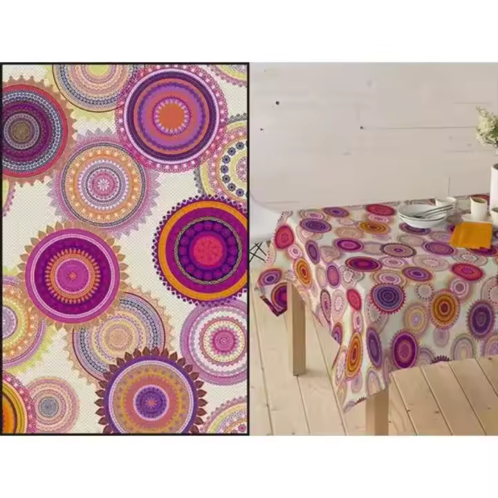 Mantel Resinado Hulehule Tex - Estampado Mandalas Morados Fondo Beige Antimanchas Fácil de Limpiar Resistente al agua - 1