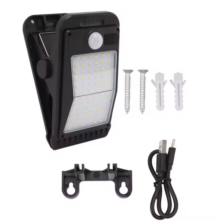 lámpara solar con clip USB y batería incorporada, luz cálida de 72 LED con detección de movimiento por USB para exteriores, patio, jardín y terraza - 1