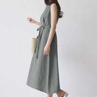 Vestido Largo De Verano Para Mujer Estilo Vintage De Algodón Y Lino Cuello Redondo Sin Mangas Cinturado Talla Grande Casual - details 20