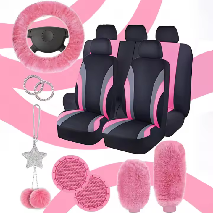 Juego De Fundas Para Asiento De Coche Universal 17 Piezas Con Diseño Rayado Adecuado Para Mujeres Incluye Fundas Para Asientos Delanteros Y Cubierta De Volante Suave Multicolor - 1