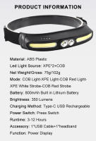 Linterna Frontal COB+LED Potente 210° Ancho Banda Ajustable Recargable USB C Luz Roja Adaptable Para Senderismo Camping Autodefensa - details 16