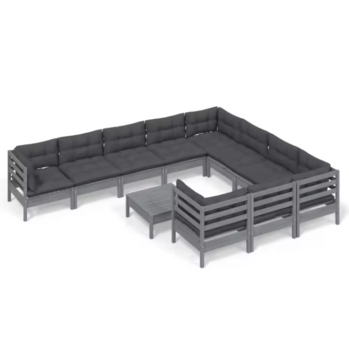 vidaXL Muebles de jardín 11 pzas y cojines gris madera de pino - 1