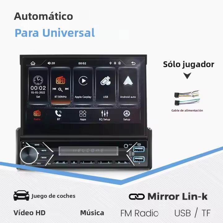Reproductor Multimedia Para Coche 1Din Wireless Car-play Android Auto Pantalla HD Retractil De 7 Pulgadas Con Espejo Link USB AUX BT FM - 1