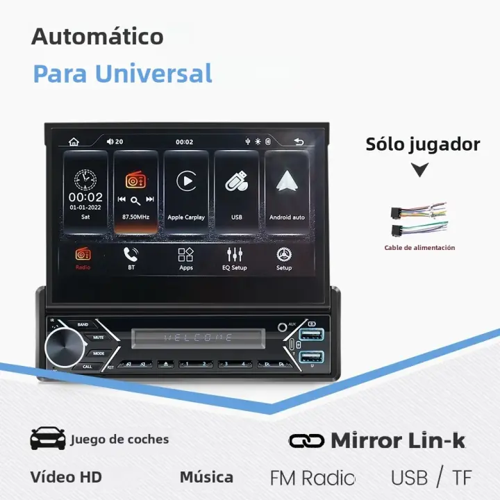 Reproductor Multimedia Para Coche 1Din Wireless Car-play Android Auto Pantalla HD Retractil De 7 Pulgadas Con Espejo Link USB AUX BT FM - 1