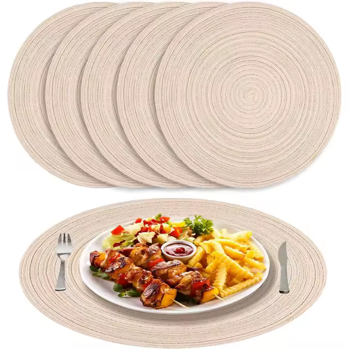 Manteles individuales redondos trenzados de color beige, juego de 6 manteles individuales resistentes al calor, lavables para la cocina, cenas, 38 cm, beige - 1