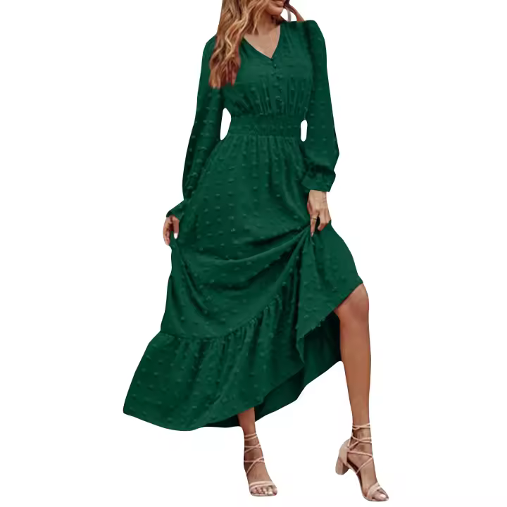 Vestido Bohemio Largo De Maxi Para Mujer Con Cintura Elástica Y Estampado A-Line Manga Larga Vestido De Dama Con Volante Y Hemorragia Suave Para Primavera Y Otoño - 1