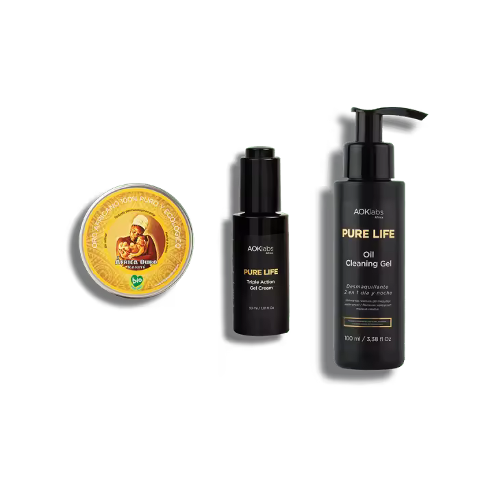 AOKLABS - Pack Nakunga: Aceite limpiador 2 en 1, contorno de ojos antiedad y oro africano | Manteca de Karité pura 100 % ecológica | Limpiador facial y desmaquillante | Contorno de ojos triple acción - 1