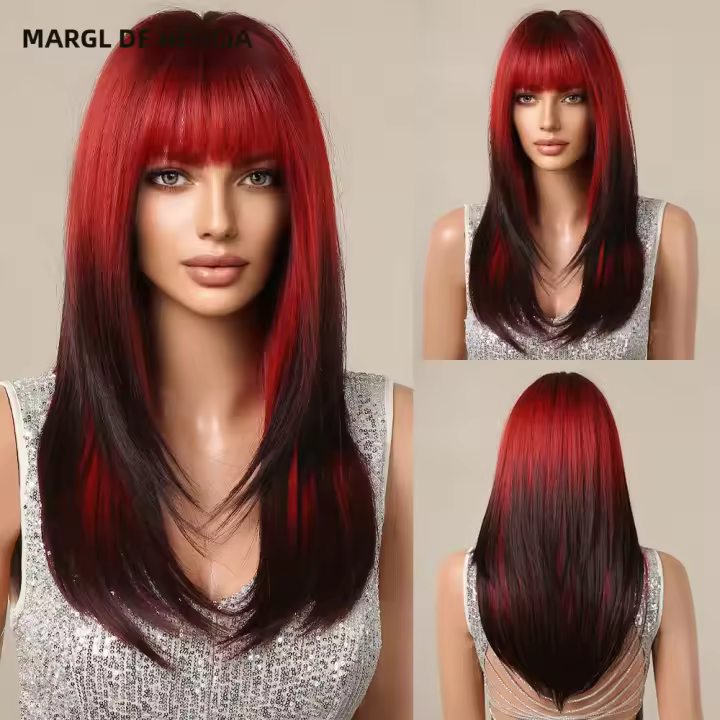 Pelucas Sintéticas Largas De Henry Margu Con Raya Lateral Y Flequillo Ombre Rojo a Negro Resistente Al Calor Peluca Natural Para Mujeres - 1