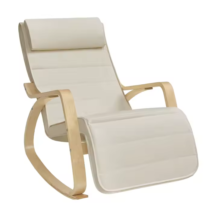 Mecedora con reposabrazos y estructura de madera de abedul, Acolchado cómodo con cojín, 150 kg, Reposapiés ajustable en 5 posiciones y almohadillas de fieltro antideslizante, Cojín mullido para la cabeza - 1