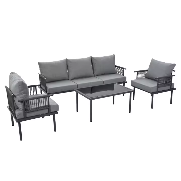 Conjunto de chaise longue de Jardín, Conjunto de muebles de Jardín con cojines, de 3 plazas Sofá, 2 sillones y Mesa de Centro, Exterior, Tabla de Cristal, Reposabrazos de Cuerda trenzada, Acero galvanizado - 1