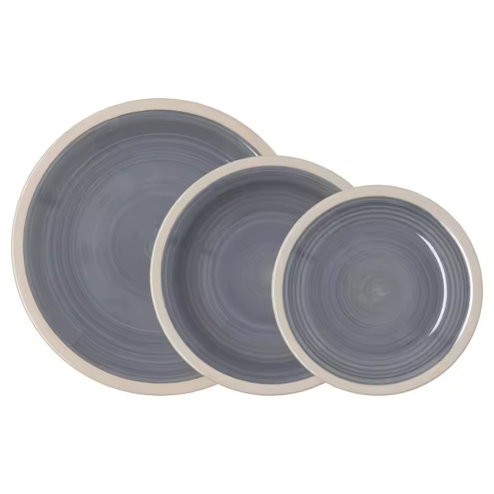 Vajilla 18 piezas cerámica pintada a mano Quid gris o azul Baltic – Juego completo 6 personas – Apta microondas y lavavajillas – Diseño moderno y elegante - 1