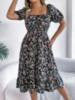 Vestido Elegante De Primavera Y Verano Para Mujer Con Estampado Floral Cuello Cuadrado Manga Corta Volante Al Borde Vestido A-Line De Rodilla Casual - details 4