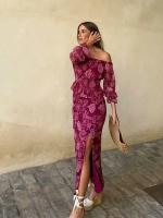 Nuevo Conjunto De Traje Impreso Para Mujer Estilo Europeo Y Americano Uno Hombro Slim Con Mangas Largas Y Slit Recto Alto - details 3