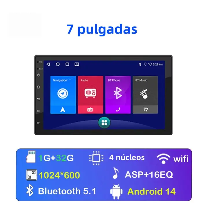Reproductor Multimedia Para Coche Android 14 2 Din Con GPS Androidauto Carplay Pantalla Táctil De 7/9/10 Pulgadas ROM 64G RAM 2G Soporte WiFi Y Control Del Volante - 1