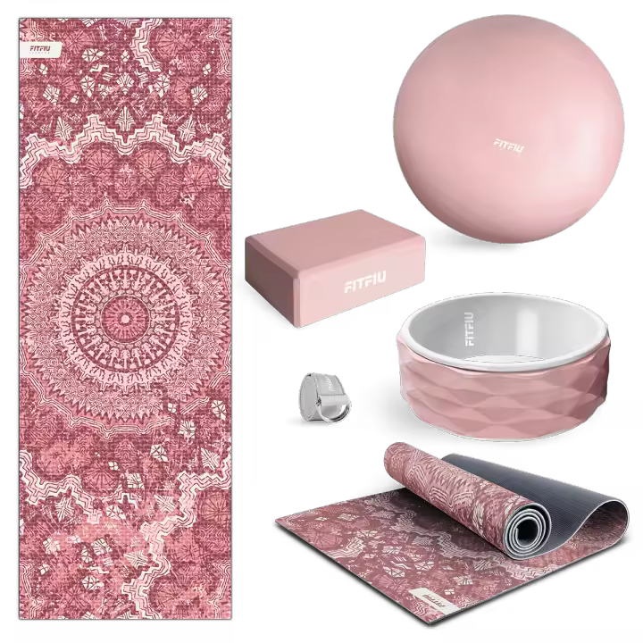FITFIU Fitness KITWELL-500 - Pack de 5 Accesorios Yoga Pilates Color Lila Que Incluye Esterilla, Bloque, Rueda, Correa y Pelota - 1