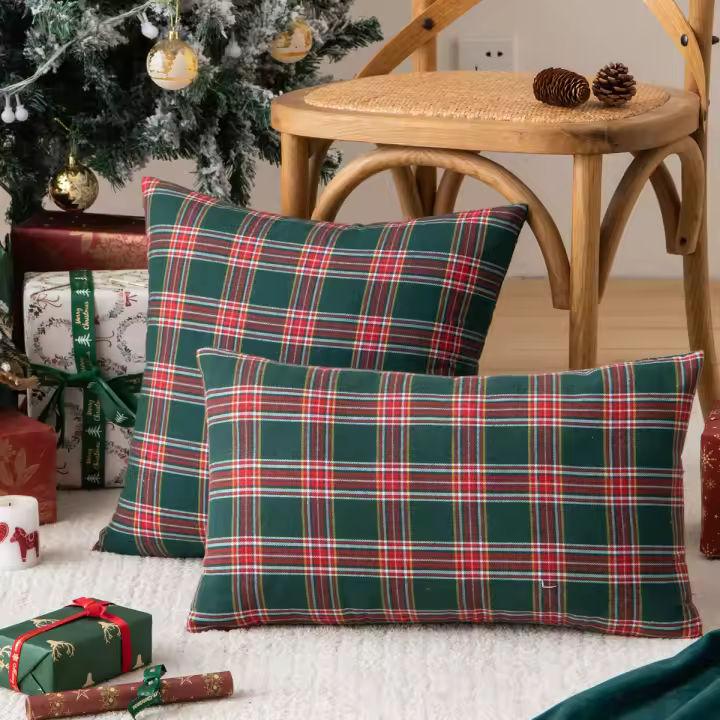  Fundas Para Cojines Navideñas De Cuadros Rojos Y Verdes 2 Piezas Para Decoración De Granja 30x50cm 45x45cm 50x50cm Polyester Lavable - 1