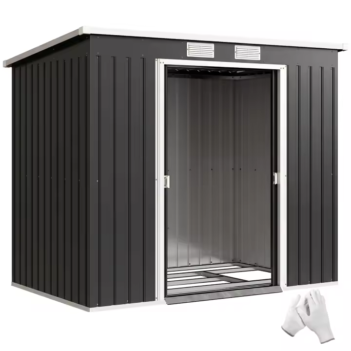 Outsunny Caseta de Jardín Exterior 2,4 m², 213x130x172 cm, Cobertizo de Jardín Exterior Metálico con Puerta Corredera, Techo Inclinado, Base Refuerzo (Suelo NO Incluido) y 2 Ventanas, Gris Oscuro - 1