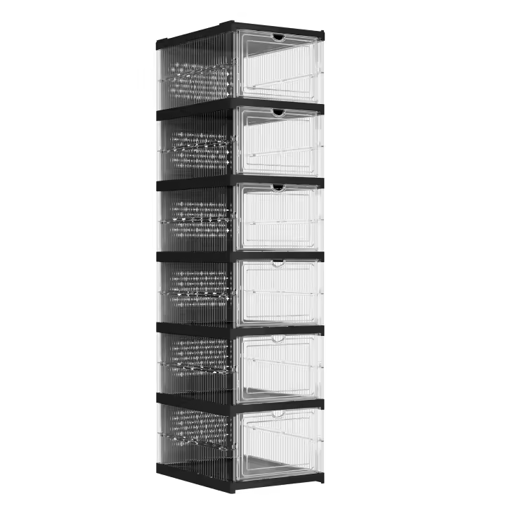 SONGMICS Cajas para Zapatos, Juego de 6 Organizadores Apilables para Zapatos, Zapatero Plegable y Portátil, hasta talla 46, Montaje en 60s, Transparente y Negro Tinta/Transparente y Blanco Nube - 1