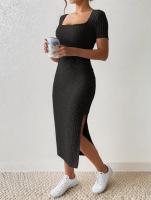 Vestido De Punto Midi Cuello Cuadrado Ajustado En La Cintura Con Abertura Para Mujer Versátil Para Todo El Año Vestido De Oficina - details 5