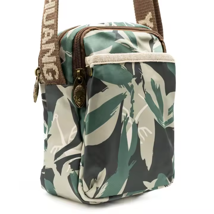 DUNNE BRAND YAN SHUANG Bandolera Unisex “Fresh Green Leaves” - Verde y Blanco, Algodón y Piel, Hecha a Mano, Regalo Especial - 1