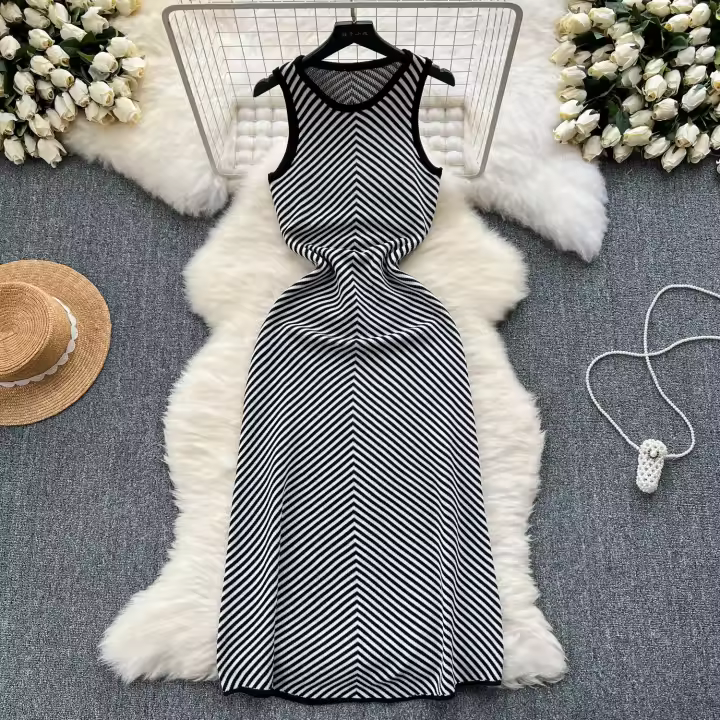 Vestido De Punto Sin Mangas Para Mujer YuooMuoo Primavera Verano Diseñador Rayas A-Line Midi Casual Sin Capucha Cierre Pullover - 1