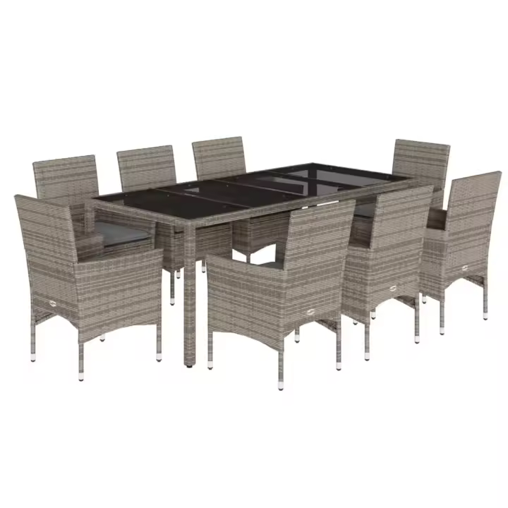 vidaXL Set comedor jardín 9 pzas y cojines ratán sintético vidrio gris - 1