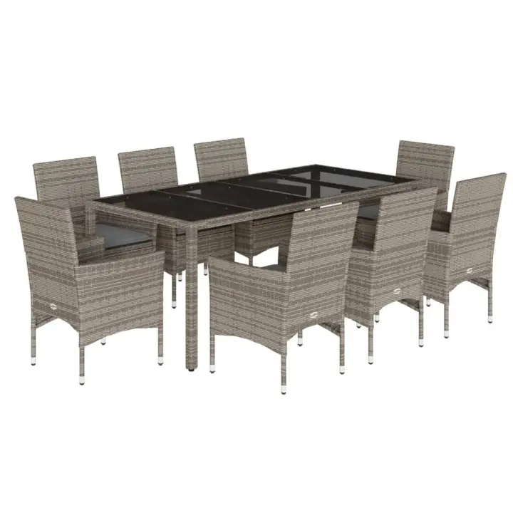 vidaXL Set comedor jardín 9 pzas y cojines ratán sintético vidrio gris - 1