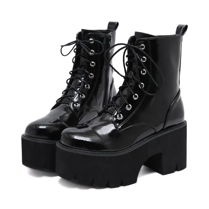 Botas De Plataforma Con Cierre Lateral Para Mujer Botines De Tacón Alto Y Media Caña Con Cordones Color Sólido Moda Invierno - 1