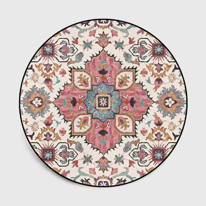 Alfombra redonda de 100 cm con estampado de flores de colores, alfombra decorativa bohemia para sala de estar, dormitorio, alfombra redonda con estampado de mandala, estilo vintage bohemio para interiores y exteriores - 1