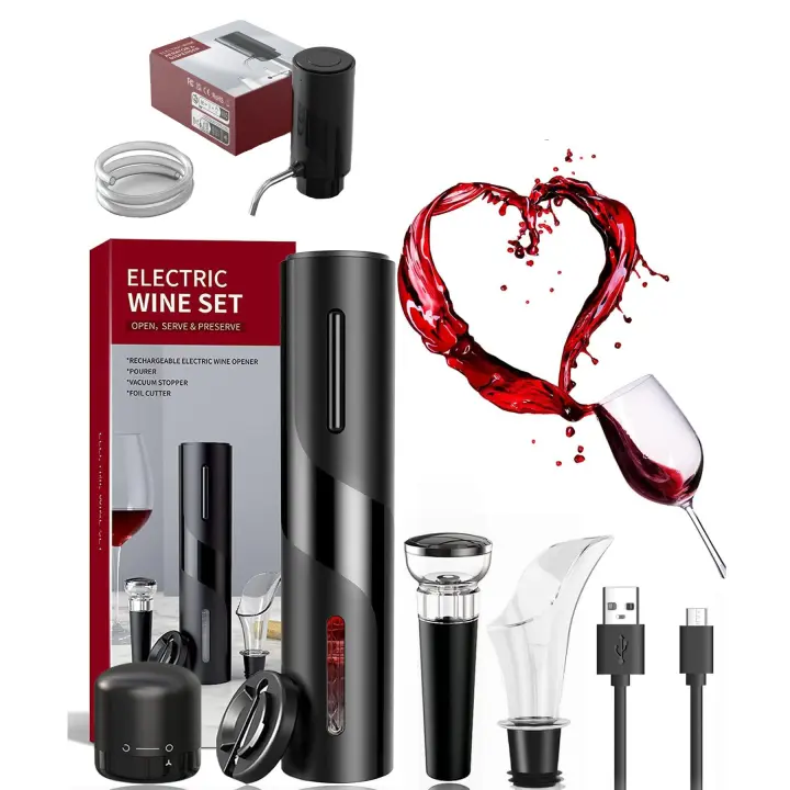 Sacacorchos eléctrico usb 6 en 1, abridor de botellas de vino, abrebotellas inalámbrico, juego con cortador de papel y tapón de vacío y cable de carga USB - 1