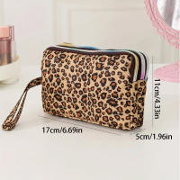 Bolso De Maquillaje Para Mujer En Amarillo Con Patrón De Leopardo Caja De Cosméticos De Tres Capas Bolso De Viaje Monedero Pequeño De Nylon Estilo Fashion - details 3