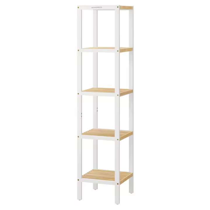 SONGMICS Estantería de Baño de 5 Niveles de bambú, Estantería Estrecha, Multifuncional, Estantería Esquinera, para Cocina, Sala de Estar, Dormitorio, Pasillo, Blanco Nube y Beige Natural/Blanco Nube/Natural - 1