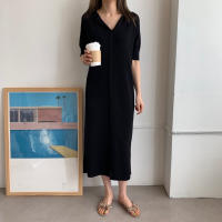 Vestido Largo De Verano Para Mujer REALEFT Estilo Coreano Casual Suelto Con Cuello En V Manga Larga Color Sólido Vestido Midi - details 4