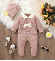 Romper Con Gorro Para Bebés Niñas Primavera Otoño Invierno Rosa Mangas Largas Tejido Nueva Nacida Salto Completo Cierre Pullover 0-18m Ropa De Bebé - details 0