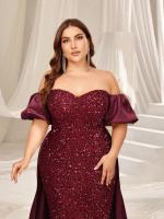 Vestido De Noche Exquisito Con Mangas Encaje Y Satén Contraste plus Size Off-Shoulder Para Mujer 25-34 Años Vestido Largo - details 4