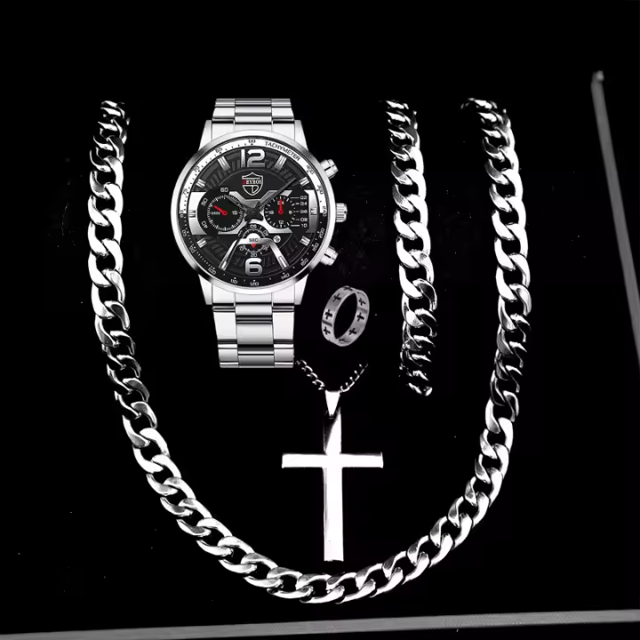 Set De 5 Relojes De Pulsera De Acero Inoxidable Para Hombre DEYROS Moda Calendario Negocios Relojes De Cuarzo Casual Pulsera Collar - 1
