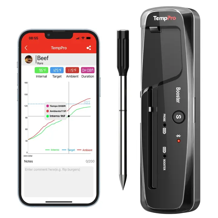Termómetro De Carne Para Barbacoa Y Grill TempPro I61 Inalámbrico De Acero Inoxidable Impermeable Con Conexión Bluetooth a APP Medición De Alimentos Hasta 500ft - 1