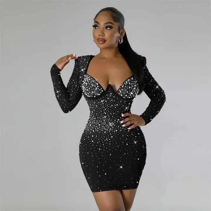 Vestido Bodycon Elegante Para Fiesta Cumpleaños Con Rhinestones Y Diamantes Mujer V-Neck Manga Larga Club Noche Navidad Polyester Spandex - 1