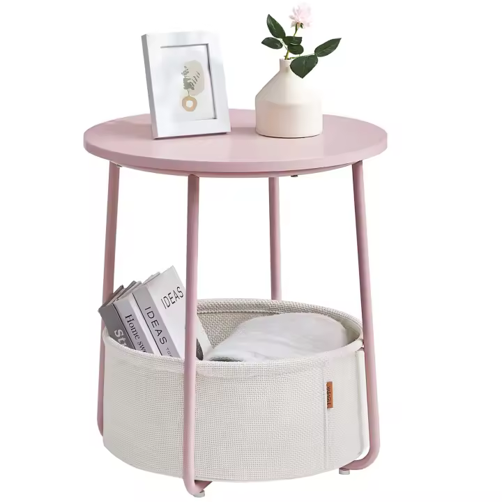 Mesa Auxiliar Redonda con Cesta de Tela - Espaciosa Mesa Lateral para Salón, Dormitorio o Mesita de Noche, Estilo Moderno, Disponible en Varios Colores - 1