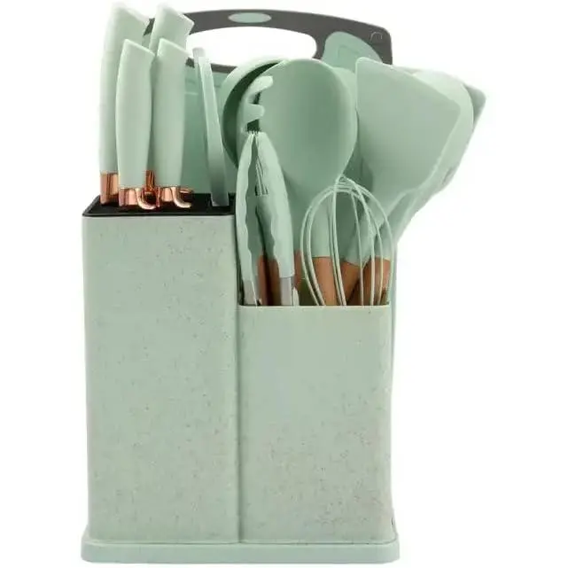 Juego de utensilios de cocina de pastas silicona-19, incluye 5 cuchillos versátiles, pinzas de tijeras, tabla de Cortar y 10 accesorios antiadherentes (verde Claro) regalo del Día DE LA Madre - 1