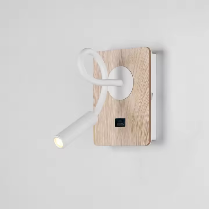 ALPINALUZ Aplique de pared negro y madera con foco flexible 3W, puerto USB y Type C, interruptor con chips CREE. - 1