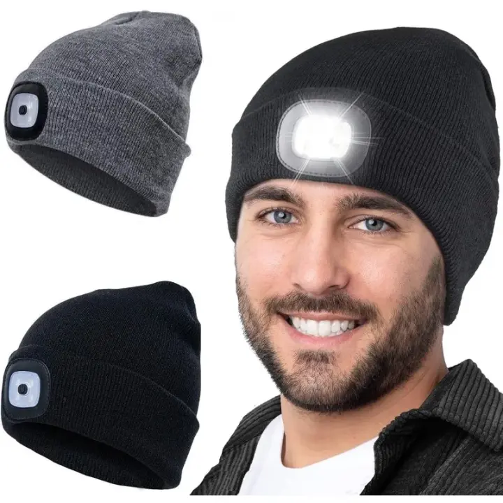 Gorro De Invierno LED Con Luz Recargable Por USB Unisex Gorro Caliente Con Farol De Cabeza Para Noche Capa De Luz De Flashlight Tejido - 1