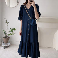 Vestido Maxi Casual ZANZEA Para Mujer De Tela Denim Azul Con Manga Puff Y Cuello V-Neck Estilo Retro Manga Corta Cierre Único Longitud Media-Calf - details 3