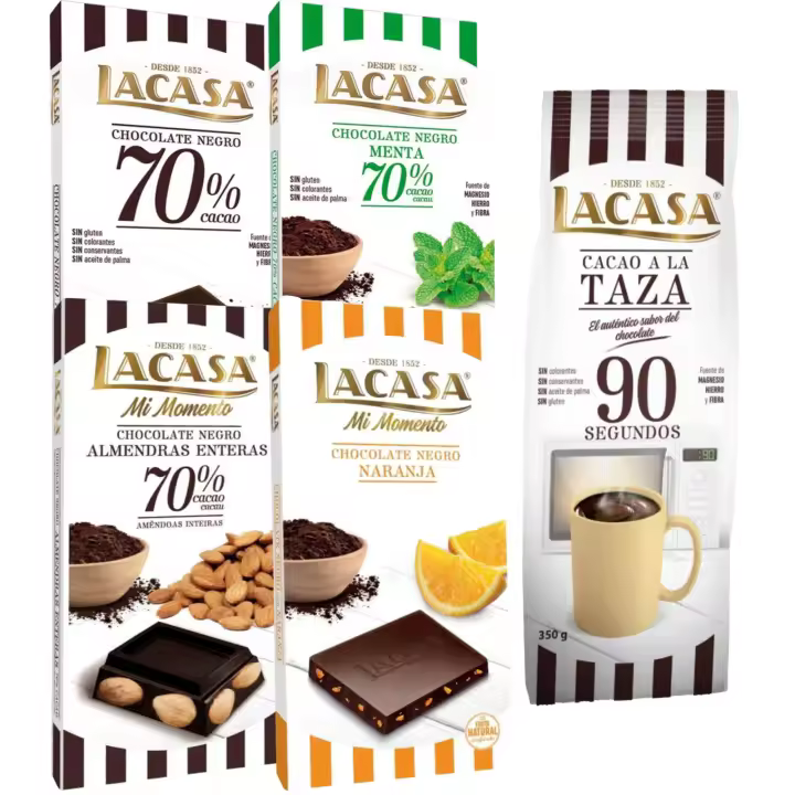Lacasa pack de 5 tabletas de chocolate:taza 90 segundos 350g, naranja 100g ,negro 100g , menta 100g , almendra 200g - 1
