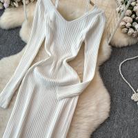 Vestido Largo De Mujer Con Cuello En V Y Manga Larga Blanco Elegante Con Cierre De Lazos Estilo Callejero Alta Moda Para Otoño Y Playa - details 6
