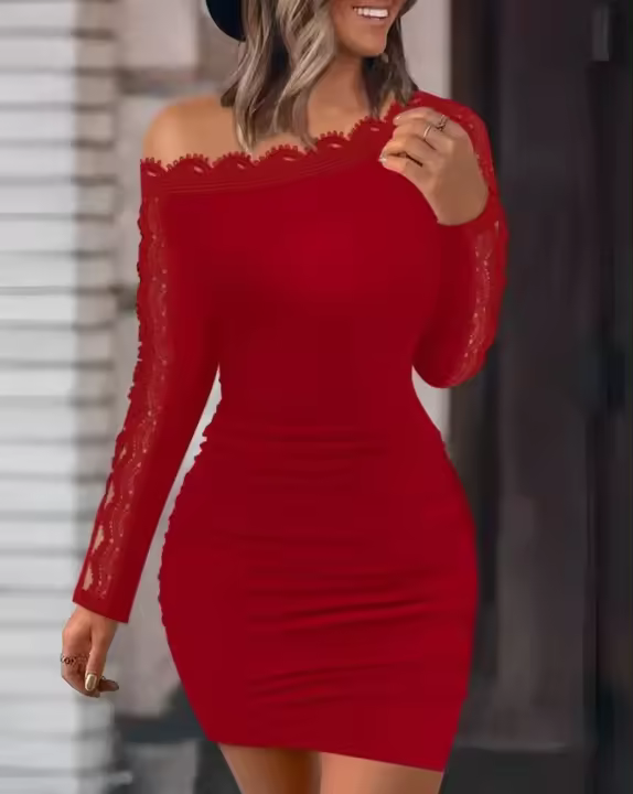 Vestido Casual De Mujer Para Primavera/Verano Con Encaje Spliced Color Sólido Slim Fit Con Manga Larga Y Cuello En Un Solo Hilo Para Comunicación Diaria - 1