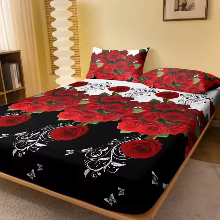 Sábana De Cama Con Patrón De Rosa Roja Delicado 1 Pieza Sábana De Cama Con Estampado Resistente Al Polvo Para Dormitorio - 1