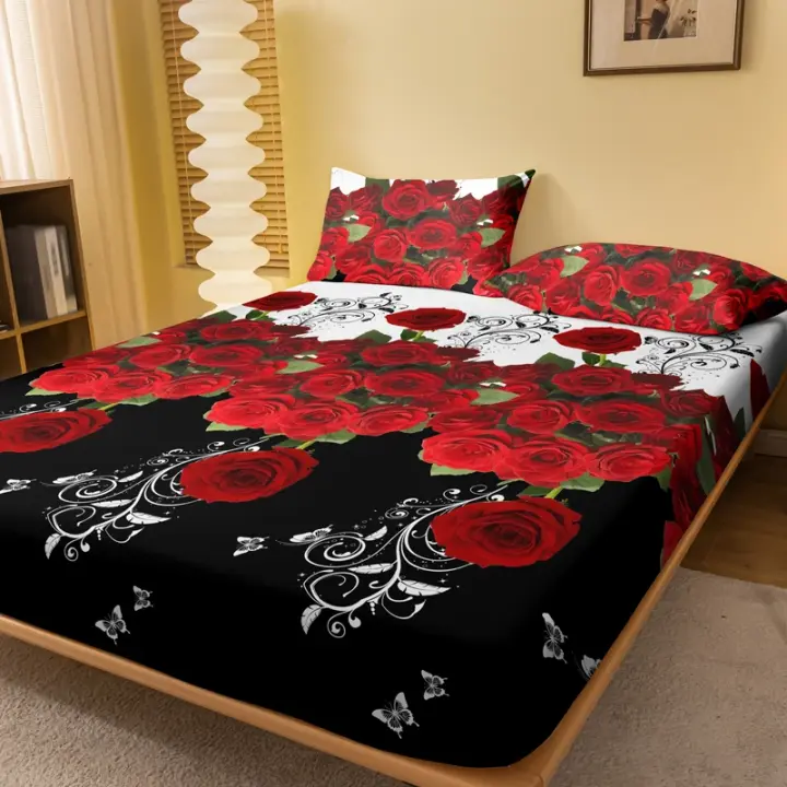 Sábana De Cama Con Patrón De Rosa Roja Delicado 1 Pieza Sábana De Cama Con Estampado Resistente Al Polvo Para Dormitorio - 1