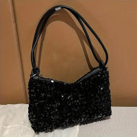 Bolso De Hombro Negro Con Brillo De Pimienta Estilo Casual Chic Diseño Unisex Bolso Cruzado Para Mujer Con Cierre De Cremallera - details 8
